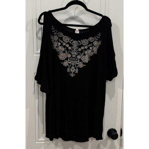 Black 2xl Cold Shoulder Top Silver Rhinestones Floral Design Boho Glam Concert